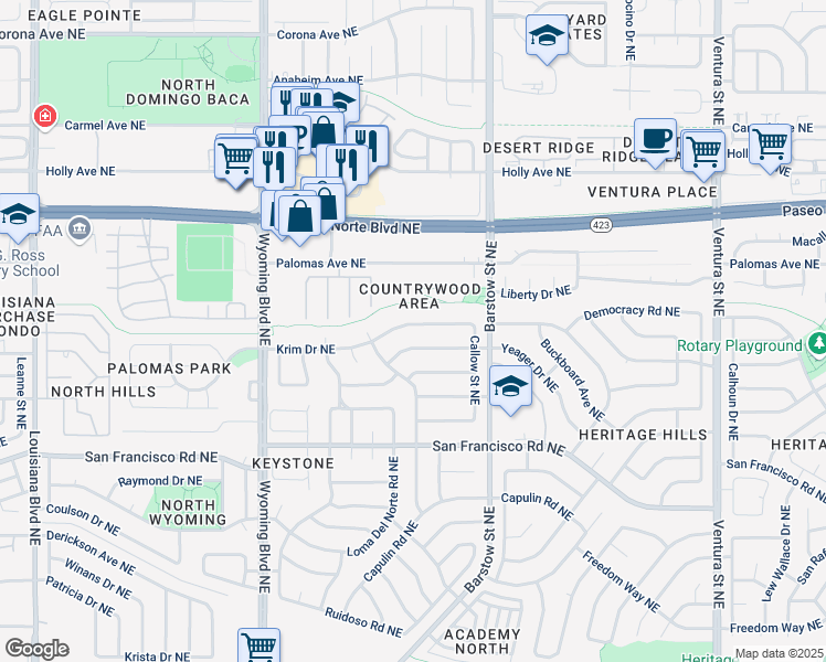 map of restaurants, bars, coffee shops, grocery stores, and more near 8230 Krim Drive Northeast in Albuquerque