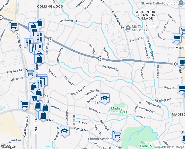map of restaurants, bars, coffee shops, grocery stores, and more near 4914 Zephyr Lane in Charlotte