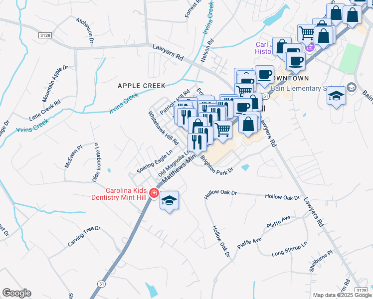 map of restaurants, bars, coffee shops, grocery stores, and more near 6713 Old Magnolia Lane in Mint Hill