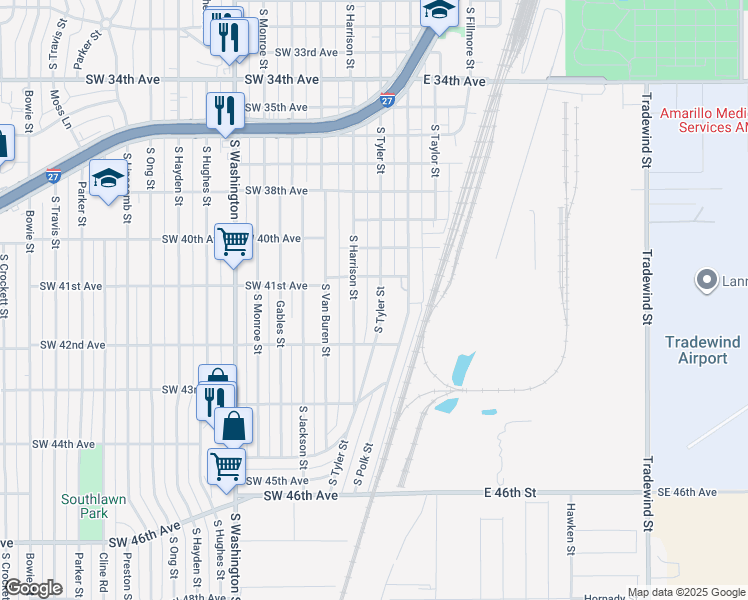 map of restaurants, bars, coffee shops, grocery stores, and more near 4110 South Tyler Street in Amarillo