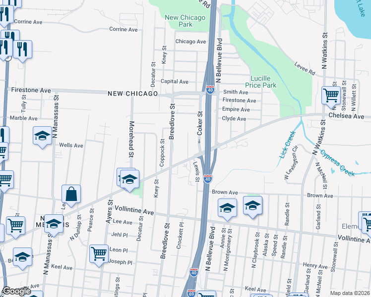 map of restaurants, bars, coffee shops, grocery stores, and more near 1128 Breedlove Street in Memphis