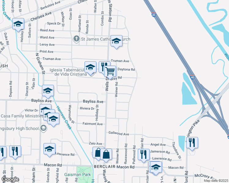 map of restaurants, bars, coffee shops, grocery stores, and more near 1435 Weiner Road in Memphis