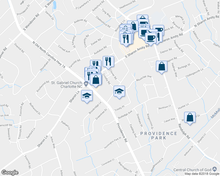 map of restaurants, bars, coffee shops, grocery stores, and more near 3022 Crosby Road in Charlotte