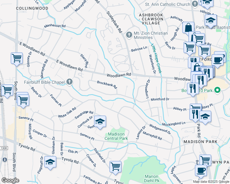 map of restaurants, bars, coffee shops, grocery stores, and more near 839 Montford Drive in Charlotte