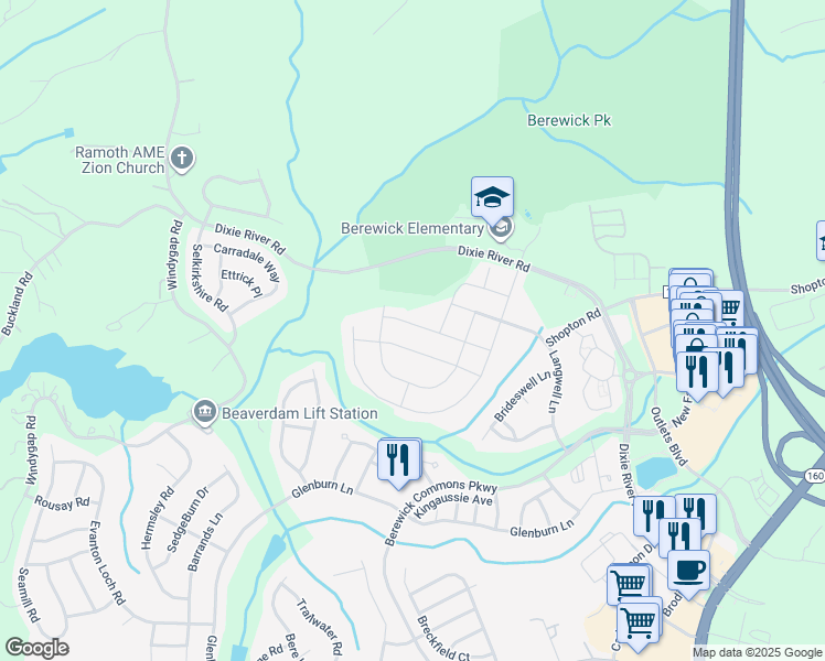 map of restaurants, bars, coffee shops, grocery stores, and more near 8325 Dallas Bay Road in Charlotte