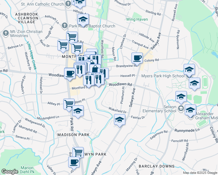 map of restaurants, bars, coffee shops, grocery stores, and more near 557 Wakefield Drive in Charlotte