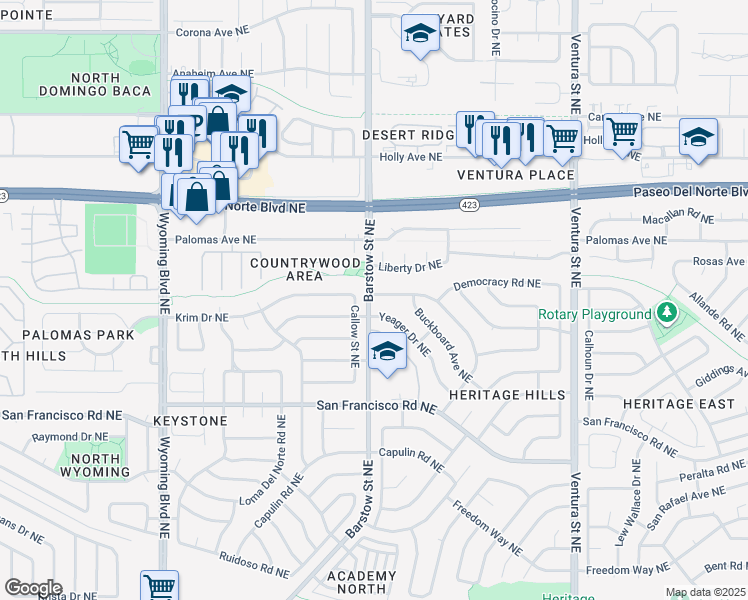 map of restaurants, bars, coffee shops, grocery stores, and more near 7839 Pioneer Trail Northeast in Albuquerque