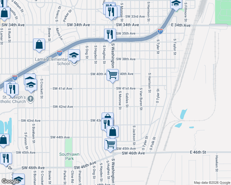 map of restaurants, bars, coffee shops, grocery stores, and more near 4109 South Washington Street in Amarillo