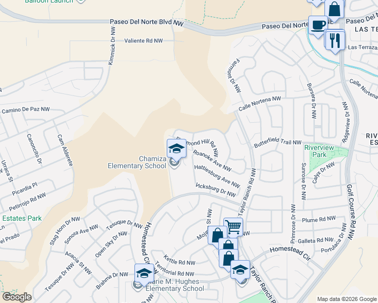 map of restaurants, bars, coffee shops, grocery stores, and more near 7451 Carson Trail Northwest in Albuquerque