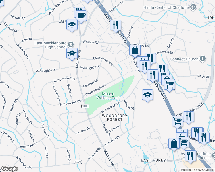 map of restaurants, bars, coffee shops, grocery stores, and more near 925 Pineborough Road in Charlotte