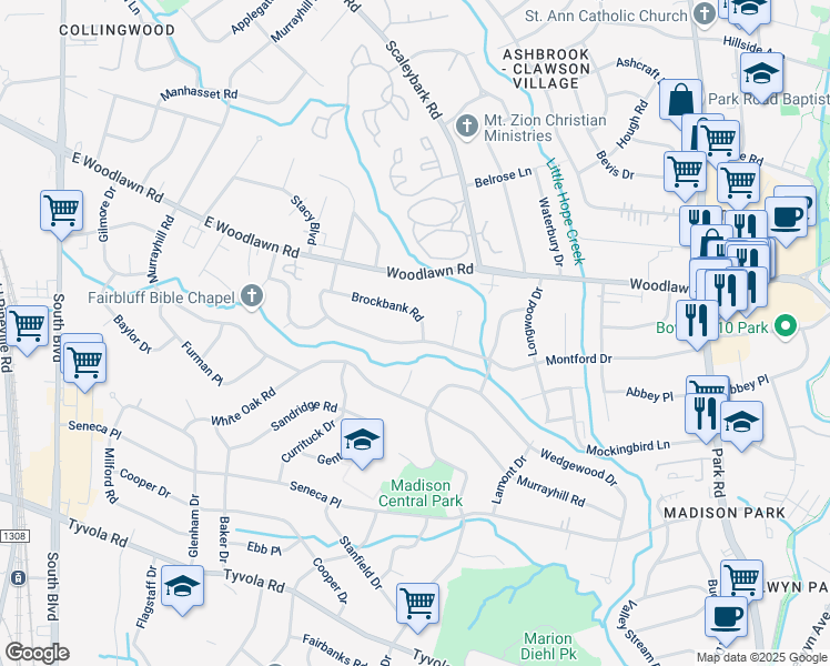 map of restaurants, bars, coffee shops, grocery stores, and more near 839 Montford Drive in Charlotte