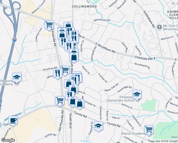 map of restaurants, bars, coffee shops, grocery stores, and more near 5039 Baylor Drive in Charlotte