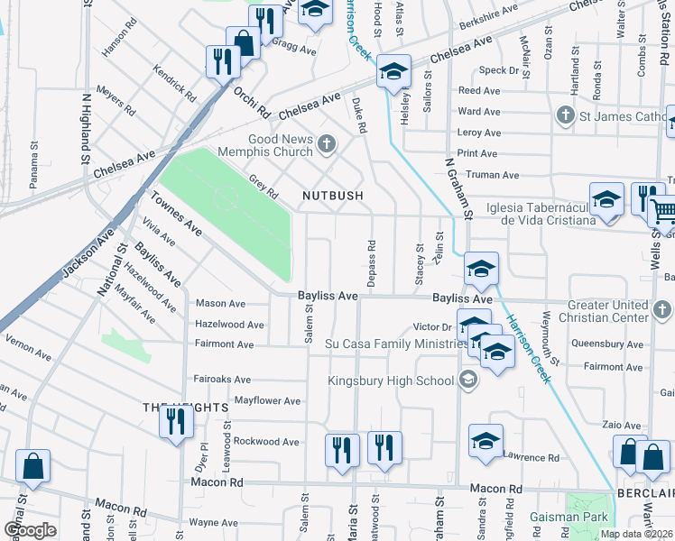 map of restaurants, bars, coffee shops, grocery stores, and more near 1419 Wrenwood Street in Memphis