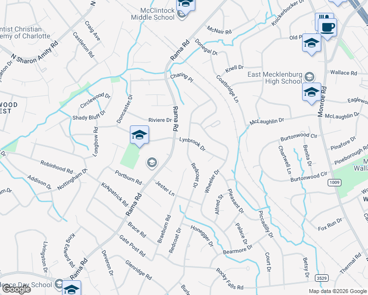 map of restaurants, bars, coffee shops, grocery stores, and more near 1431 Redcoat Drive in Charlotte