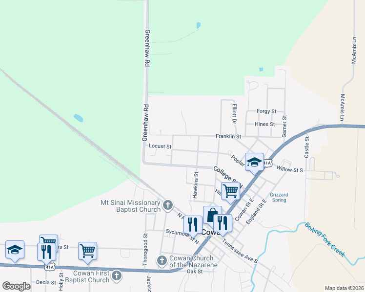map of restaurants, bars, coffee shops, grocery stores, and more near 308 Poplar Street North in Cowan