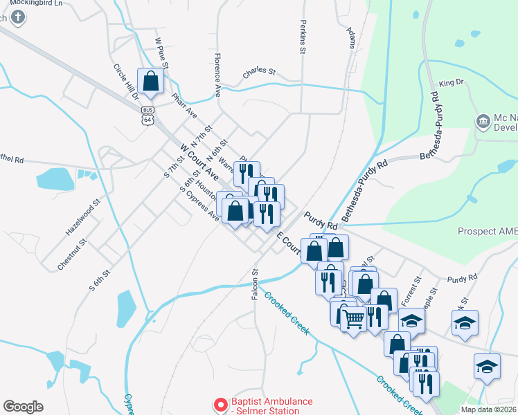 map of restaurants, bars, coffee shops, grocery stores, and more near in Selmer