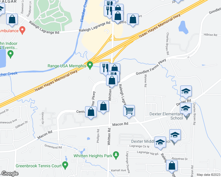 map of restaurants, bars, coffee shops, grocery stores, and more near 1674 Kirby Whitten Rd in Memphis