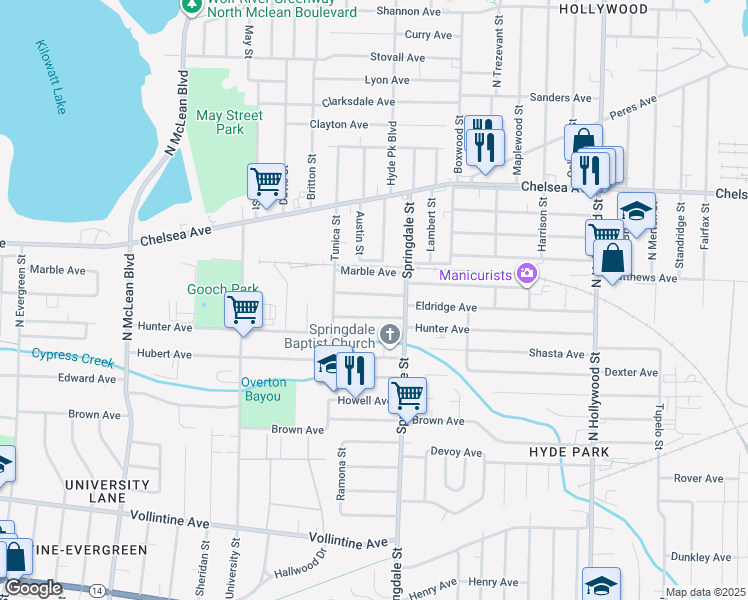 map of restaurants, bars, coffee shops, grocery stores, and more near 2167 Eldridge Avenue in Memphis