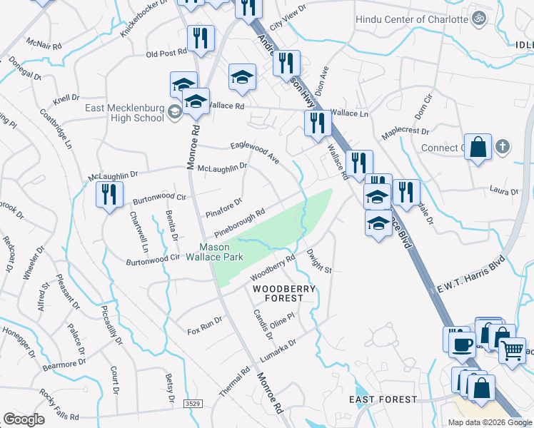 map of restaurants, bars, coffee shops, grocery stores, and more near 925 Pineborough Road in Charlotte