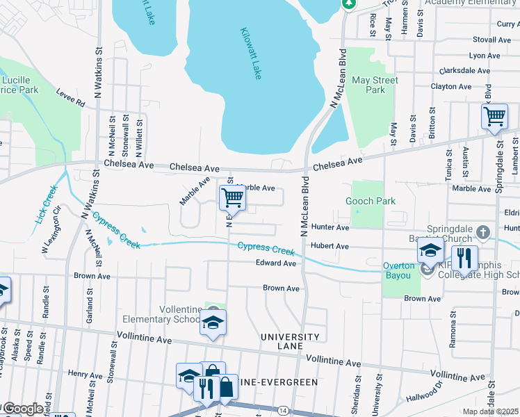 map of restaurants, bars, coffee shops, grocery stores, and more near 1771 Eldridge Avenue in Memphis