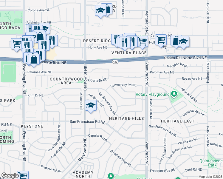 map of restaurants, bars, coffee shops, grocery stores, and more near 7727 Pioneer Trail Northeast in Albuquerque
