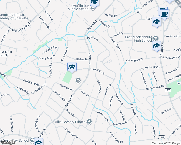 map of restaurants, bars, coffee shops, grocery stores, and more near 1431 Redcoat Drive in Charlotte