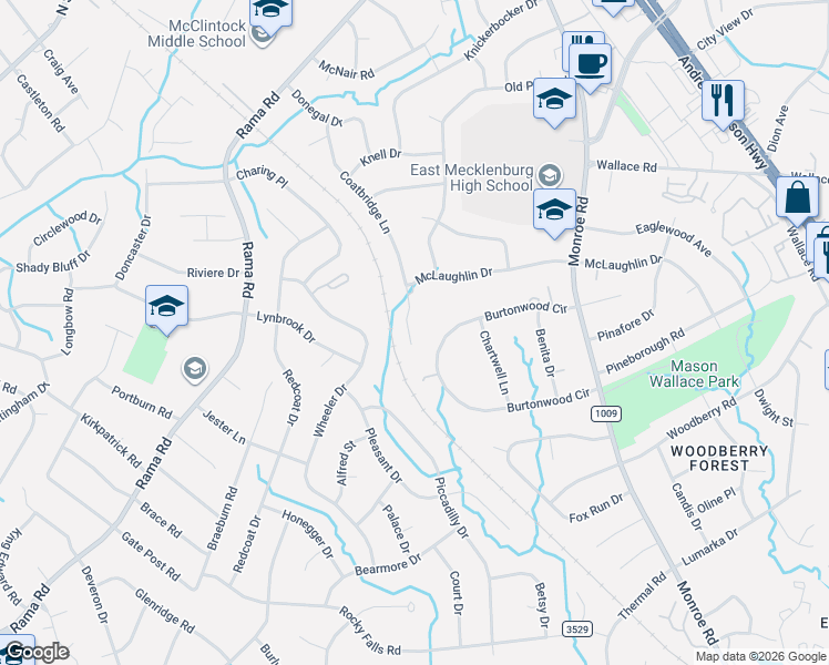 map of restaurants, bars, coffee shops, grocery stores, and more near 1240 Burtonwood Circle in Charlotte