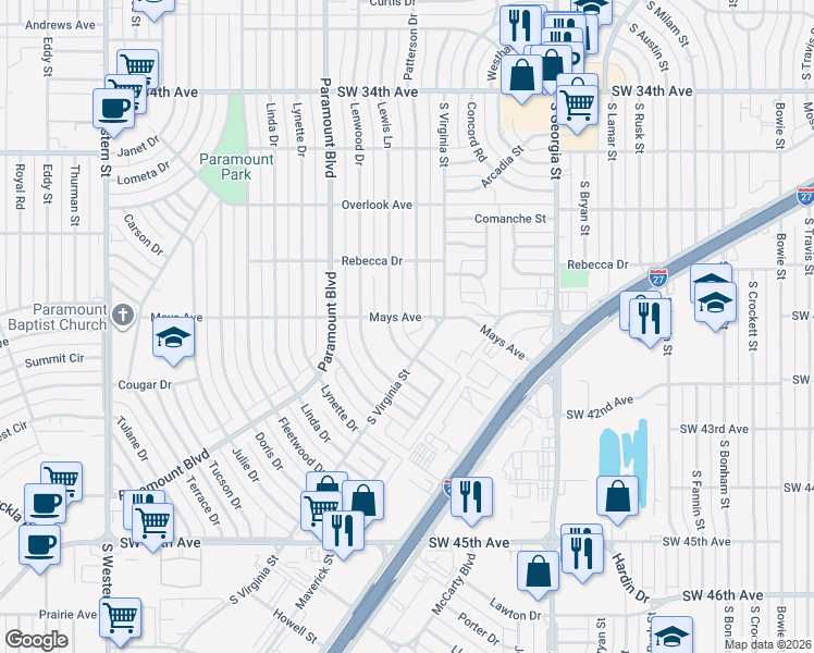 map of restaurants, bars, coffee shops, grocery stores, and more near 3805 Lewis Lane in Amarillo