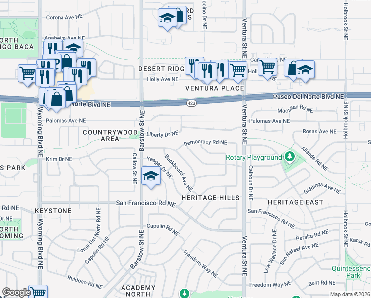 map of restaurants, bars, coffee shops, grocery stores, and more near 7727 Pioneer Trail Northeast in Albuquerque