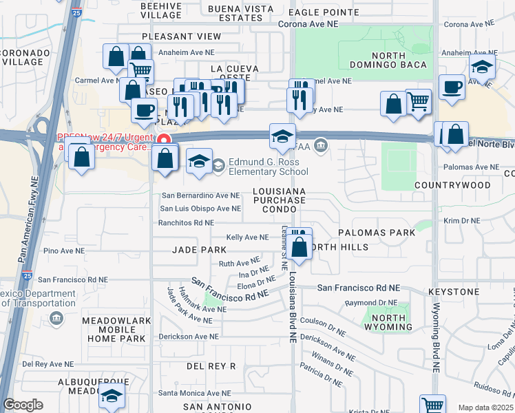 map of restaurants, bars, coffee shops, grocery stores, and more near 6815 Ranchitos Road Northeast in Albuquerque