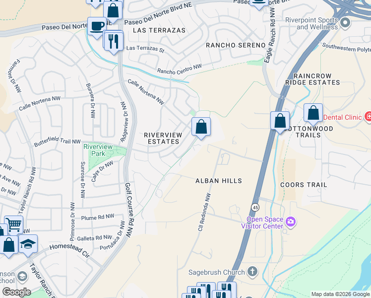 map of restaurants, bars, coffee shops, grocery stores, and more near Riverview Trail in Albuquerque