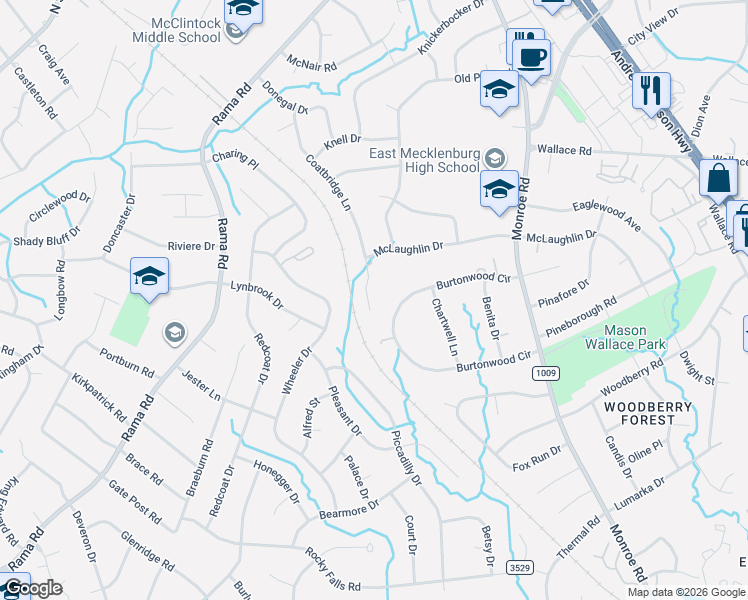 map of restaurants, bars, coffee shops, grocery stores, and more near 1240 Burtonwood Circle in Charlotte