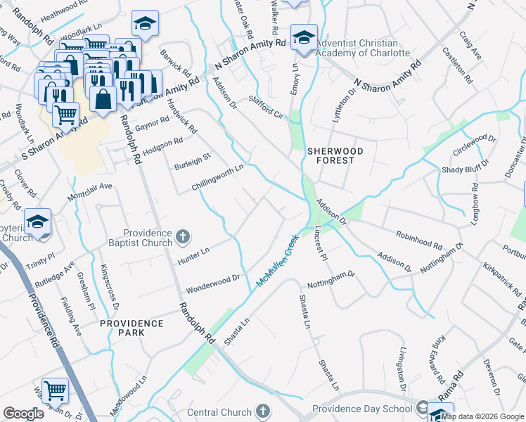 map of restaurants, bars, coffee shops, grocery stores, and more near 354 Hunter Lane in Charlotte