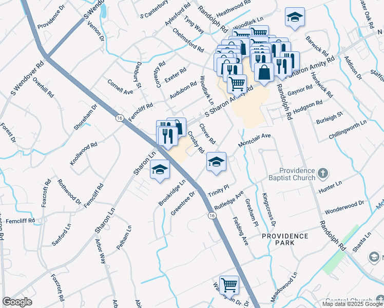 map of restaurants, bars, coffee shops, grocery stores, and more near 3022 Crosby Road in Charlotte
