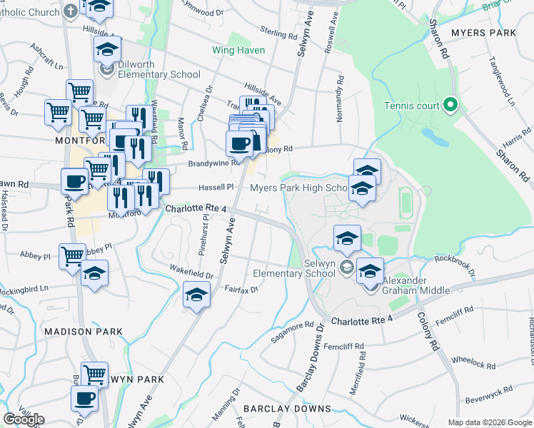 map of restaurants, bars, coffee shops, grocery stores, and more near in Charlotte