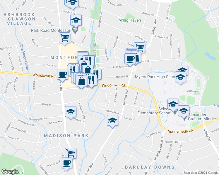 map of restaurants, bars, coffee shops, grocery stores, and more near 521 Wakefield Drive in Charlotte