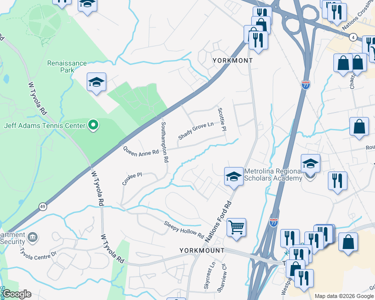 map of restaurants, bars, coffee shops, grocery stores, and more near 5233 Queen Anne Road in Charlotte