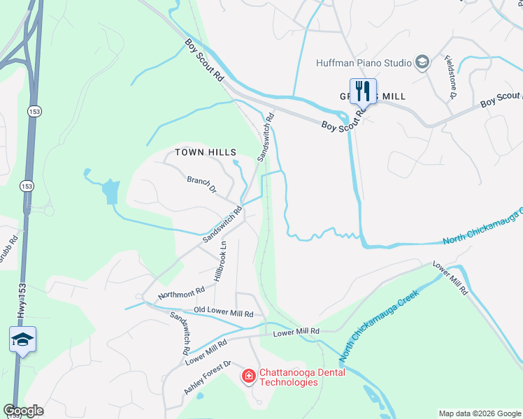 map of restaurants, bars, coffee shops, grocery stores, and more near 450 Candytuft Lane in Chattanooga