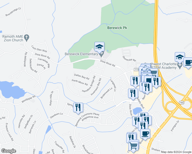 map of restaurants, bars, coffee shops, grocery stores, and more near 7417 Hamilton Bridge Road in Charlotte