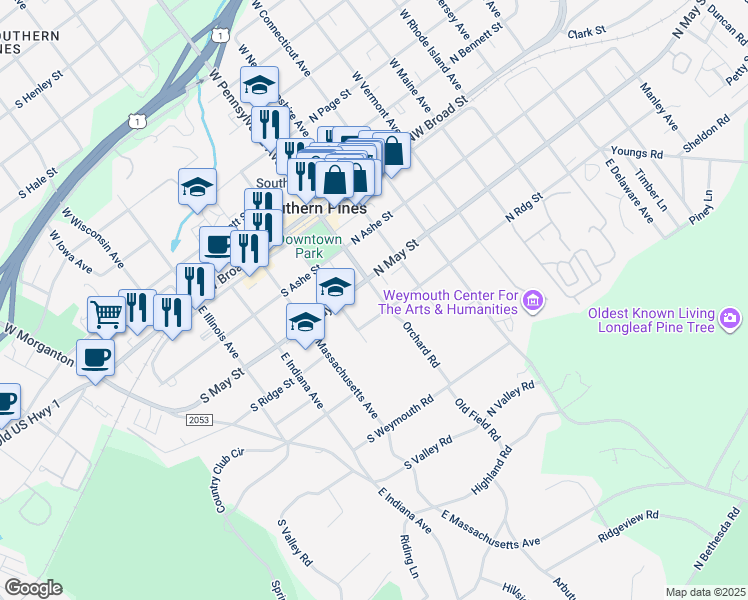 map of restaurants, bars, coffee shops, grocery stores, and more near 360 East Pennsylvania Avenue in Southern Pines