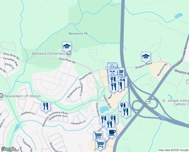 map of restaurants, bars, coffee shops, grocery stores, and more near 5149 Dixie River Road in Charlotte
