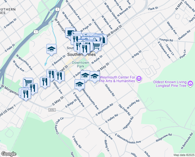 map of restaurants, bars, coffee shops, grocery stores, and more near 360 East Pennsylvania Avenue in Southern Pines