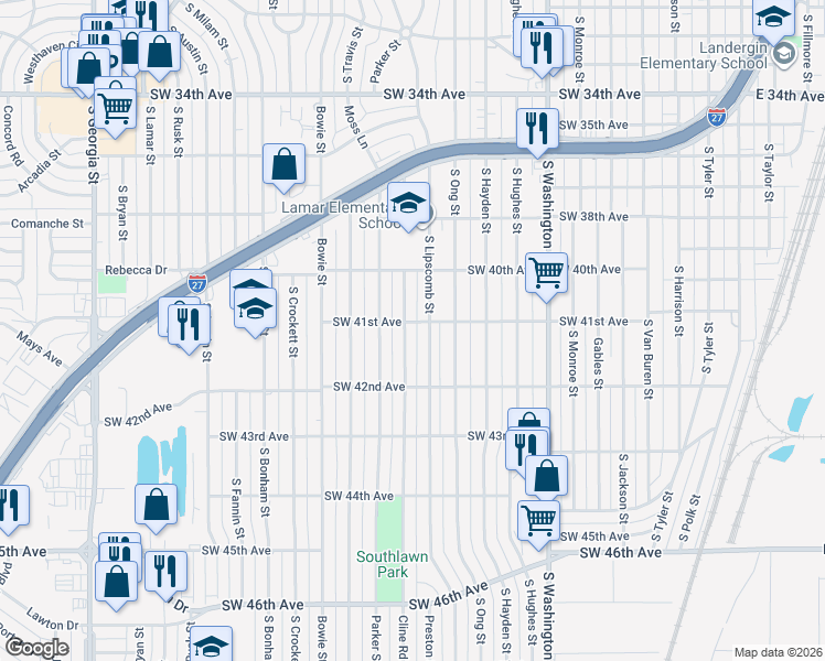 map of restaurants, bars, coffee shops, grocery stores, and more near 4106 Cline Road in Amarillo