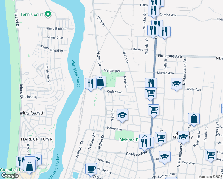 map of restaurants, bars, coffee shops, grocery stores, and more near 143 Cedar Avenue in Memphis