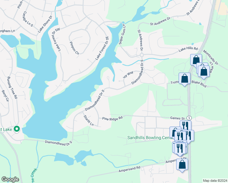 map of restaurants, bars, coffee shops, grocery stores, and more near 870 Diamondhead Drive South in Pinehurst