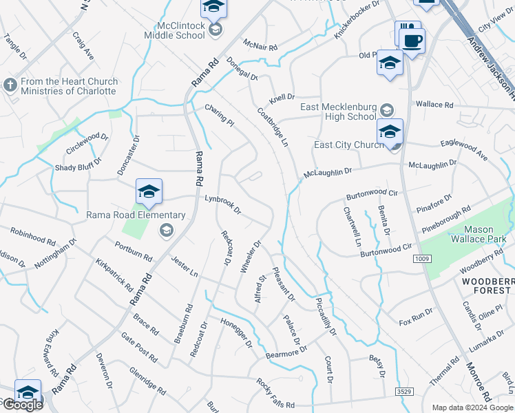 map of restaurants, bars, coffee shops, grocery stores, and more near 6208 Wheeler Drive in Charlotte