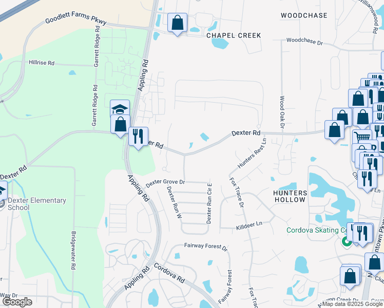 map of restaurants, bars, coffee shops, grocery stores, and more near 7615 Dexter Road in Memphis