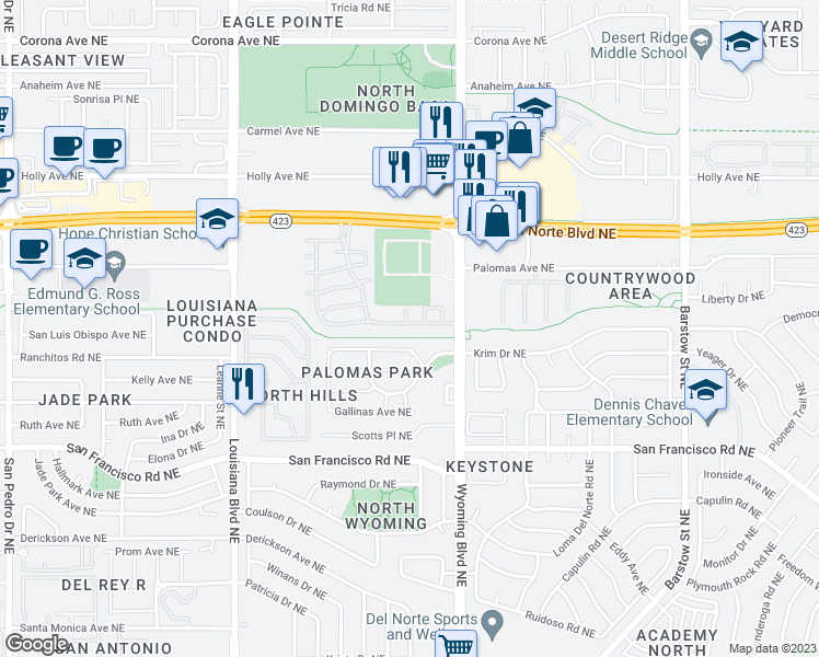 map of restaurants, bars, coffee shops, grocery stores, and more near 7400 Santa Barbara Road Northeast in Albuquerque