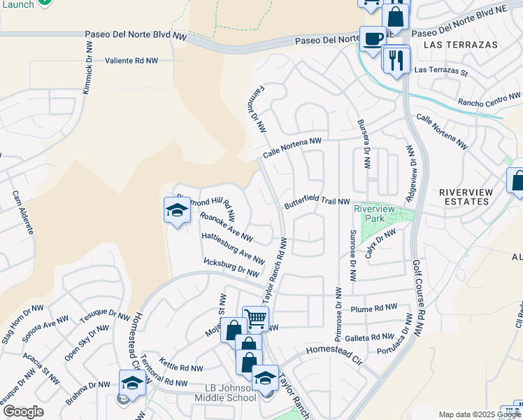 map of restaurants, bars, coffee shops, grocery stores, and more near 7529 Deerfield Road Northwest in Albuquerque