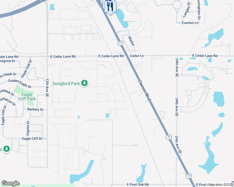 map of restaurants, bars, coffee shops, grocery stores, and more near 1502 East Cedar Lane Road in Norman